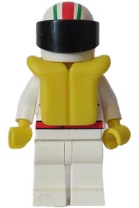 Octan Race Team Driver Minifigure - Race team member wearing an Octan outfit with white legs, a white helmet with red/green stripes, a black visor, and a life jacket - oct007