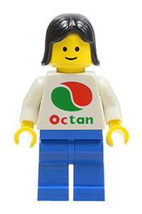 Female with Octan Shirt Minifigure - Female minifigure with black hair, blue legs, and a white Octan logo - oct010