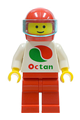Minifigure with Octan logo, red legs, wearing a red helmet with a trans-light blue visor - oct011