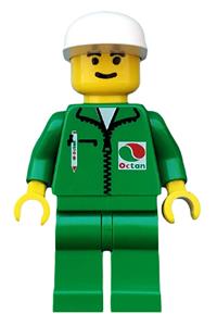 Octan Worker Minifigure - Minifigure wearing an Octan logo green jacket with a pen, paired with green legs and a white cap - oct013