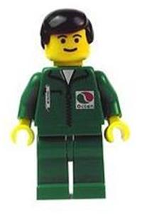 Octan Worker Minifigure - Minifigure wearing green jacket with pen, green legs, and styled with black male hair - oct014