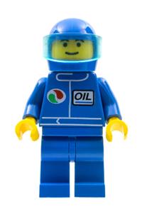 Octan Driver Minifigure - Minifigure with Octan logo on blue torso, blue legs, blue helmet, and trans-light blue visor - oct023