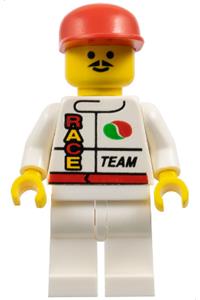 Octan Race Team Minifigure - Race team minifigure with Octan branding, wearing white legs and a red cap - oct024