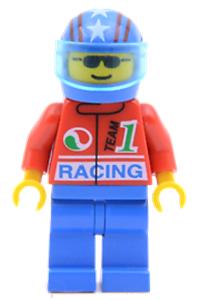 Octan Racer Minifigure - Racing Octan minifigure with blue legs, wearing a blue helmet with 4 stars & stripes and a Trans-Light Blue visor - oct027