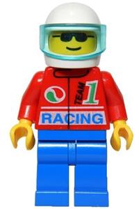 Octan Racer Minifigure - Racing Octan minifigure with blue legs, white helmet, and trans-light blue visor - oct028