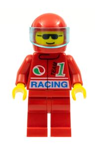 Ben Steer Minifigure - Racing Octan minifigure with red legs, wearing a red helmet with a trans-light blue visor - oct030