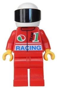Octan Racer Minifigure - Racing minifigure from Octan with red legs, wearing a white helmet with a black visor - oct031