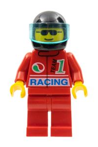 Octan Racer Minifigure - Racing Octan minifigure with red legs, wearing a black helmet with a trans-light blue visor - oct032