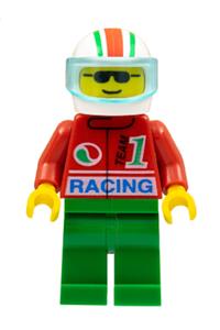 Octan Racer Minifigure - Racing Octan minifigure with green legs, wearing a white helmet with red/green stripes and a trans-light blue visor - oct033