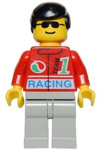Male Spectator Minifigure - Male wearing Octan Racing jacket, light gray legs, black male hair - oct035