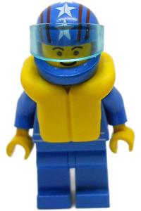 Octan Racer Minifigure - Minifigure with Octan branding, blue oil, life jacket, blue legs, helmet with 4 stars & stripes, and a trans-light blue visor - oct037a