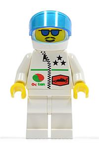 Octan Racer Minifigure - Minifigure with Octan logo, white legs, white helmet, and a trans-dark blue visor - oct038