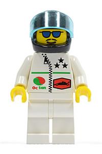 Octan Racer Minifigure - Minifigure with Octan logo and stars, white legs, black helmet, and trans-light blue visor - oct041