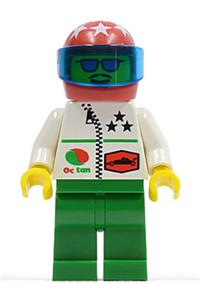 Octan Racer Minifigure - Minifigure with Octan stars wearing a red helmet with white stars, green legs, and a trans-dark blue visor - oct042