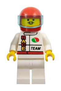 Octan Race Team Minifigure - Race team minifigure in Octan colors with white legs, red helmet, and trans-light blue visor - oct043
