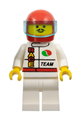 Race team minifigure in Octan colors with white legs, red helmet, and trans-light blue visor - oct043