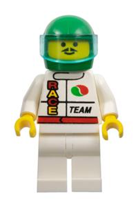Octan Race Team Minifigure - Race team minifigure in Octan colors with white legs, wearing a green helmet and a trans-light blue visor - oct044