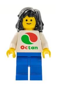 Female with Octan Shirt Minifigure - Female minifigure with black mid-length hair, wearing Octan logo on white, and blue legs - oct048