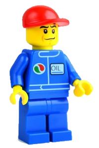 Octan Worker Minifigure - Minifigure with an Octan logo on blue torso, blue legs, red cap, and a chin dimple - oct049