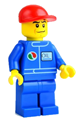 Minifigure with an Octan logo on blue torso, blue legs, red cap, and a chin dimple - oct049