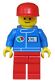 Minifigure wearing a red cap with red legs and Octan logo - oct050