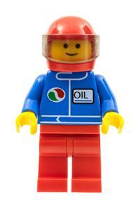 Octan Racer Minifigure - Minifigure with a red helmet and legs, wearing a blue Oil logo, with a Trans-Black visor - oct051