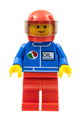 Minifigure with a red helmet and legs, wearing a blue Oil logo, with a Trans-Black visor - oct051