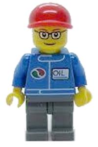 Octan Worker Minifigure - Minifigure wearing a red cap with glasses, a blue oil logo, dark bluish gray legs - oct053