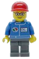 Minifigure wearing a red cap with glasses, a blue oil logo, dark bluish gray legs - oct053
