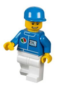 Octan Worker Minifigure - Worker for Octan with blue oil, wearing a blue short bill cap and white legs - oct054