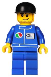Octan Worker Minifigure - Minifigure with an Octan logo, wearing a black cap, blue legs, and a smirk with stubble beard - oct060