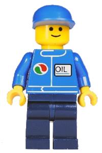 Octan Worker Minifigure - Minifigure with an Octan logo on a blue cap, dark blue legs - oct062
