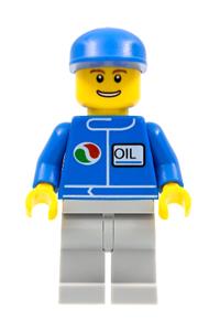 Octan Worker Minifigure - Minifigure with an Octan logo, wearing a blue cap, light bluish gray legs, and holds a blue oil can - oct063