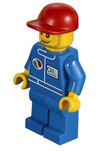 Boat Racer Minifigure - Minifigure with an Octan blue oil logo, blue legs, red short bill cap, smirk, and stubble beard - oct064