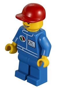 Boat Racer Minifigure - Minifigure with Octan logo, wearing a red short bill cap, blue legs, and an open grin - oct065