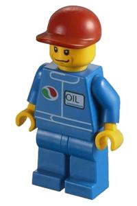 Octan Worker Minifigure - Minifigure with a blue cap featuring Octan's oil logo, red short bill cap, crooked smile, and blue legs - oct066
