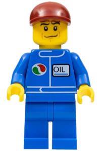 Octan Worker Minifigure - Minifigure with a crooked smile wearing a dark red short bill cap and blue legs - oct069