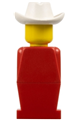 Legoland figure with red legs and torso, wearing a white cowboy hat - old003