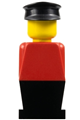 A Legoland figure with a red torso, black legs, and wearing a black hat - old004