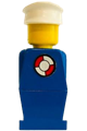Legoland figure with blue torso and legs, white hat, and life preserver sticker - old008s