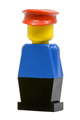 Legoland figure wearing a red hat, blue torso, and black legs - old010