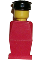 Legoland figure with a red torso wearing red legs and a black hat - old012