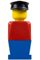 Legoland figure with red torso, wearing blue legs and a black hat - old014