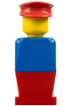 Legoland figure with a blue torso, red legs, and wearing a red hat - old015