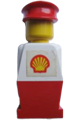 Legoland figure with a white torso, red legs, wearing a red hat and featuring a Shell logo sticker - old016s