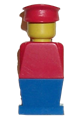 Legoland figure wearing a red hat, with a red torso and blue legs - old019