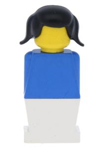 Legoland Figure Black Pigtails Hair - Legoland figure with white legs, blue torso, and black pigtails hair - old020