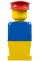 Legoland figure wearing a red hat with a blue torso and yellow legs - old023