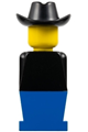Legoland figure wearing a black cowboy hat, with black torso and blue legs - old027