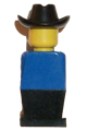 Legoland figure wearing a blue torso, black legs, and topped with a black cowboy hat - old030